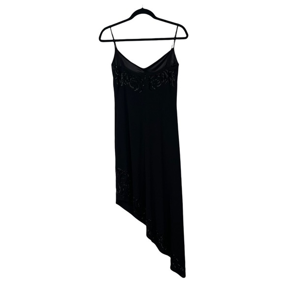 TADASHI SHOJI 90'S SPAGHETTI STRAP CAMI ASYMMETRIC HEM BEADED BLACK SLIP DRESS - Picture 4 of 16